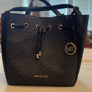 Michael Kors Black and Gold Logo Drawstring Shoulder Tote